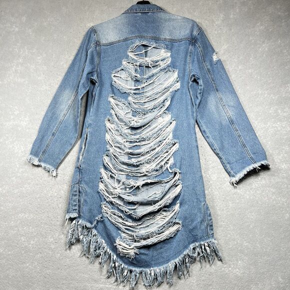 Azalea Wang Jacket Distressed Denim Women’s Large Long Stylish - Picture 1 of 12